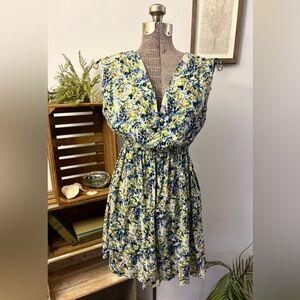 Y2K Angie Floral V-Neck Sleeveless Mini Dress Small Yellow Blue Boho Cottagcore